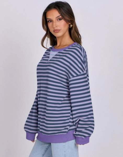 Women Striped Oversized Sweatshirt Long Sleeve Crewneck Shirts 2024 Fall Fashion Pullover Sweater Trendy Clothes