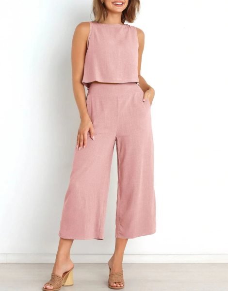 Sleeveless Tank Crop Button Back Top Cropped Pants Set With Pockets