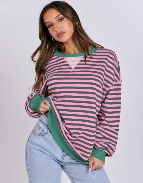 Women Striped Oversized Sweatshirt Long Sleeve Crewneck Shirts 2024 Fall Fashion Pullover Sweater Trendy Clothes