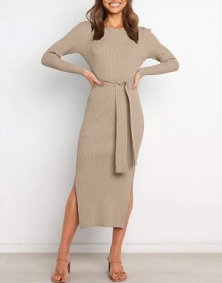 Slim-fit Knitted slit Midi Sweater Dress