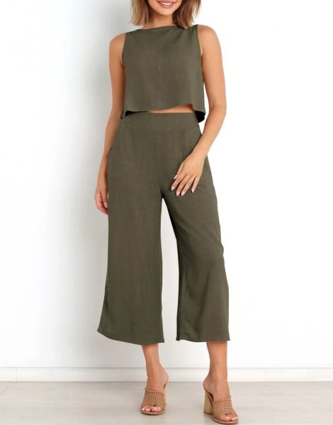 Sleeveless Tank Crop Button Back Top Cropped Pants Set With Pockets
