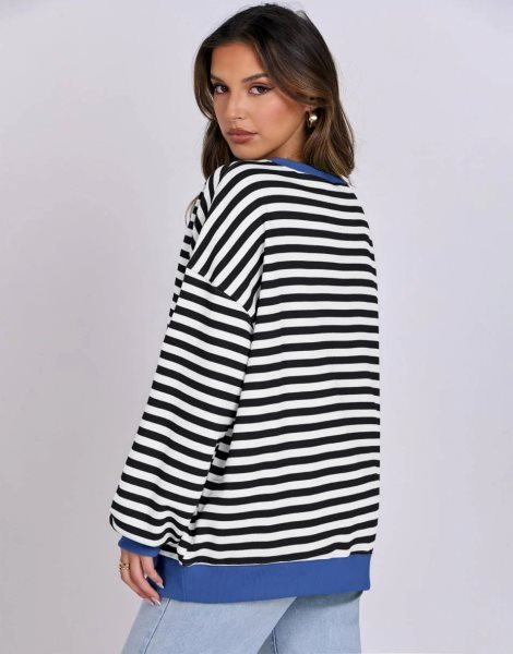 Women Striped Oversized Sweatshirt Long Sleeve Crewneck Shirts 2024 Fall Fashion Pullover Sweater Trendy Clothes