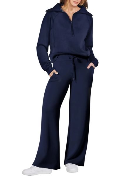 Women 2 Piece Outfits Sweatsuit Set 2023 Fall Oversized Half Zip Sweatshirt Wide Leg Sweatpant Lounge Set Tracksuit