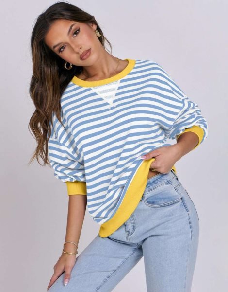 Women Striped Oversized Sweatshirt Long Sleeve Crewneck Shirts 2024 Fall Fashion Pullover Sweater Trendy Clothes