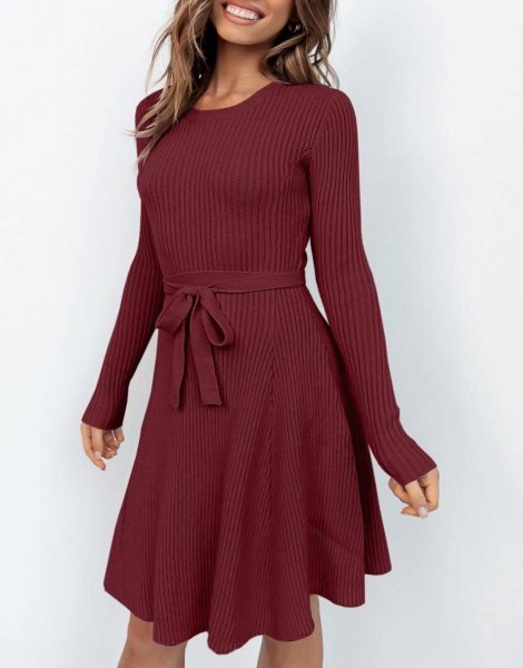 Women's Crewneck Long Sleeve Tie Waist A-Line Swing Bodycon Short Dress Casual Solid Ribbed Knit Sweater Dress