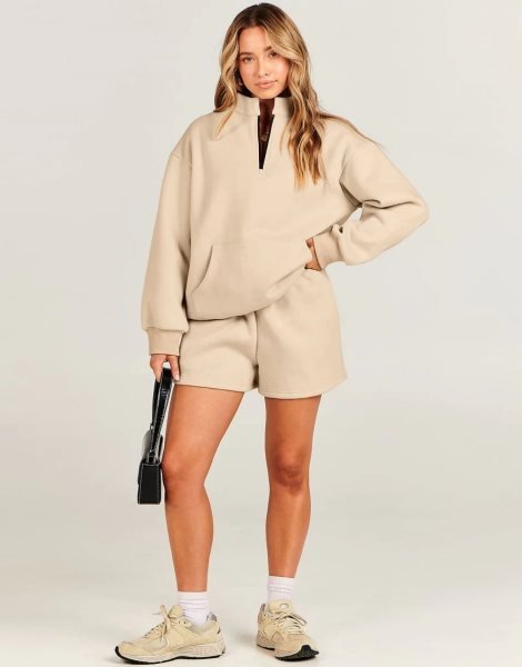 Sweatsuit Oversized Half Zip Collared Sweatshirt & Short Lounge Wear Tacksuit Set