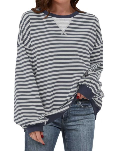 Women Striped Oversized Sweatshirt Long Sleeve Crewneck Shirts 2024 Fall Fashion Pullover Sweater Trendy Clothes