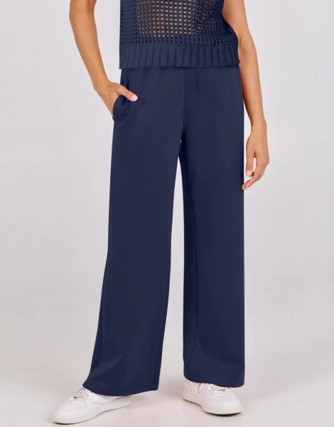 Women Two Piece Outfits Crochet Sheer Knit Sweater Top Wide Leg Pants Lounge Matching Sets Sweatsuit Travel Clothes