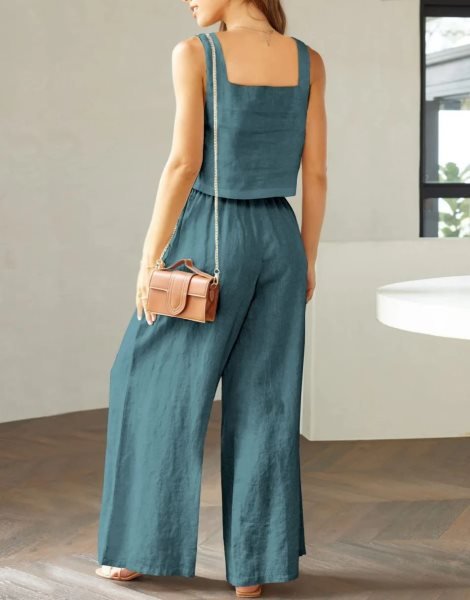2 Piece Outfits Square Neck Sleeveless Tank Crop Top & Wide Leg Pants Lounge Set