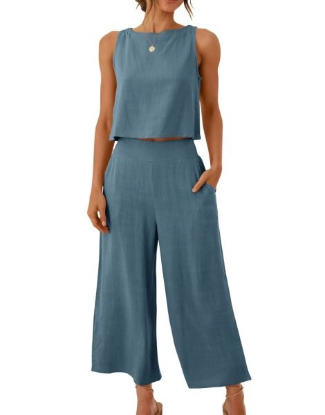 Sleeveless Tank Crop Button Back Top Cropped Pants Set With Pockets