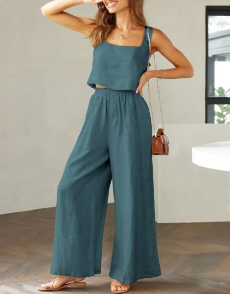 2 Piece Outfits Square Neck Sleeveless Tank Crop Top & Wide Leg Pants Lounge Set
