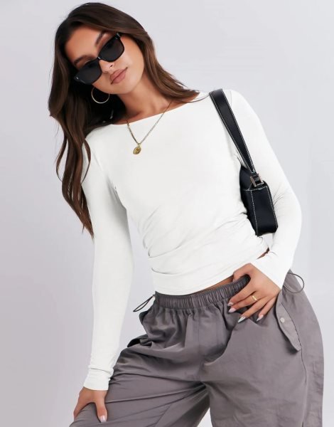 Women Long Sleeve Slim Fit Crop Top Going Out Tight T-Shirt Trendy Tees Streetwear