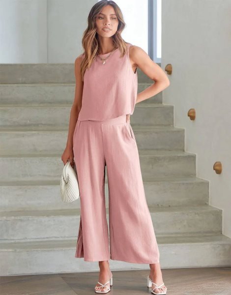 Sleeveless Tank Crop Button Back Top Cropped Pants Set With Pockets