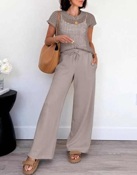 Women Two Piece Outfits Crochet Sheer Knit Sweater Top Wide Leg Pants Lounge Matching Sets Sweatsuit Travel Clothes