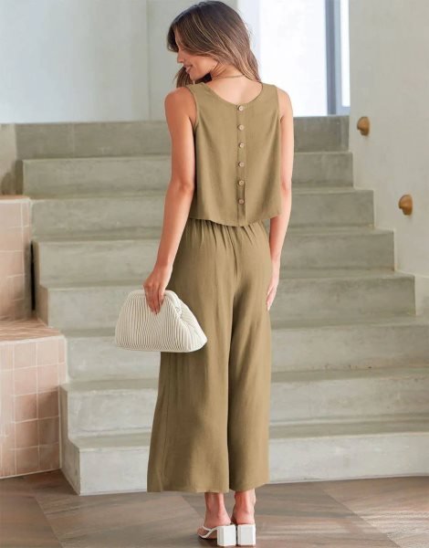 Sleeveless Tank Crop Button Back Top Cropped Pants Set With Pockets