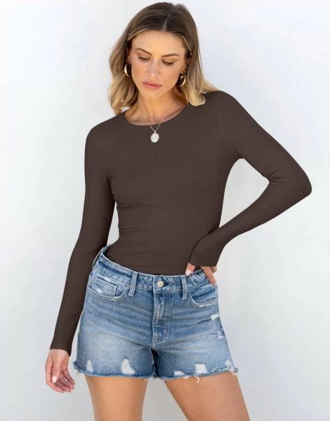 Women Long Sleeve Crewneck Rib Knit Slim Fit Shirts Basic Tee Tops 2024 Casual T-Shirt Going Out Workout Outfits