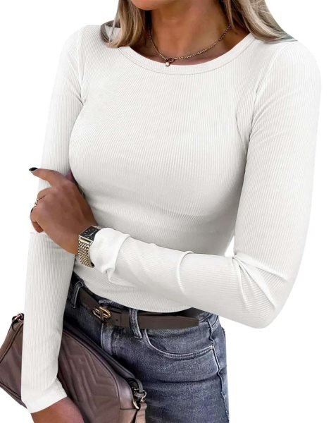 Women Long Sleeve Crewneck Rib Knit Slim Fit Shirts Basic Tee Tops 2024 Casual T-Shirt Going Out Workout Outfits
