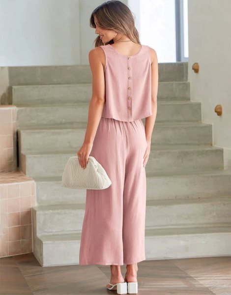 Sleeveless Tank Crop Button Back Top Cropped Pants Set With Pockets