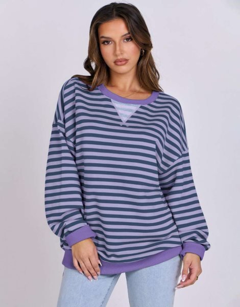 Women Striped Oversized Sweatshirt Long Sleeve Crewneck Shirts 2024 Fall Fashion Pullover Sweater Trendy Clothes