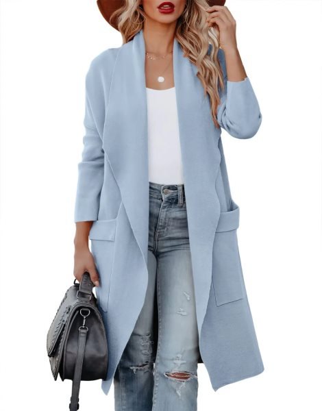 Women's Casual Long Sleeve Draped Open Front Knit Pockets Long Cardigan Jackets Sweater
