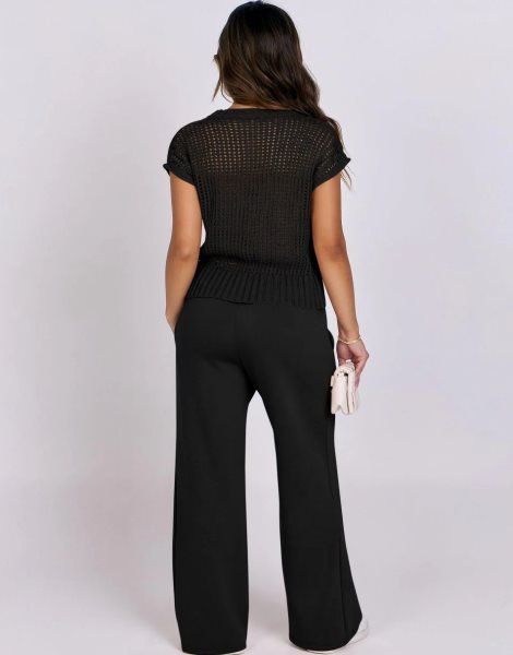 Women Two Piece Outfits Crochet Sheer Knit Sweater Top Wide Leg Pants Lounge Matching Sets Sweatsuit Travel Clothes