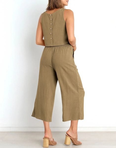 Sleeveless Tank Crop Button Back Top Cropped Pants Set With Pockets