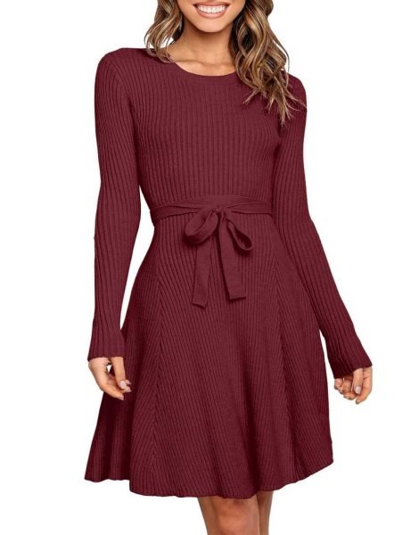 Women's Crewneck Long Sleeve Tie Waist A-Line Swing Bodycon Short Dress Casual Solid Ribbed Knit Sweater Dress