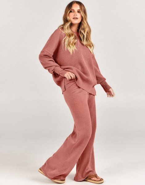 Women 2 Piece Outfits Sweatsuit Oversized Sweater Set & Wide Leg Pants Fall Chunky Lounge Set