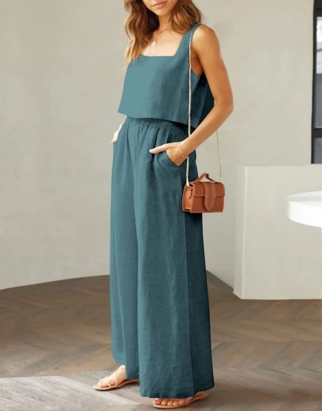 2 Piece Outfits Square Neck Sleeveless Tank Crop Top & Wide Leg Pants Lounge Set
