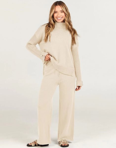 Women's Two Piece Outfits Sweater Sets Long Sleeve Knit Pullover and Wide Leg Pants Lounge Sets