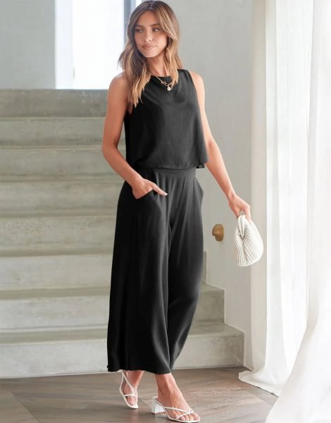 Sleeveless Tank Crop Button Back Top Cropped Pants Set With Pockets
