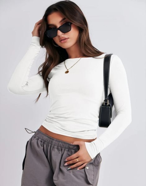 Women Long Sleeve Slim Fit Crop Top Going Out Tight T-Shirt Trendy Tees Streetwear