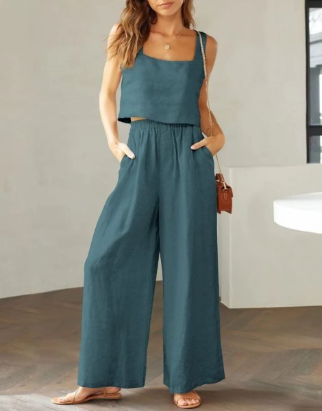 2 Piece Outfits Square Neck Sleeveless Tank Crop Top & Wide Leg Pants Lounge Set