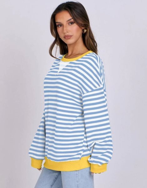 Women Striped Oversized Sweatshirt Long Sleeve Crewneck Shirts 2024 Fall Fashion Pullover Sweater Trendy Clothes