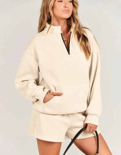 Sweatsuit Oversized Half Zip Collared Sweatshirt & Short Lounge Wear Tacksuit Set